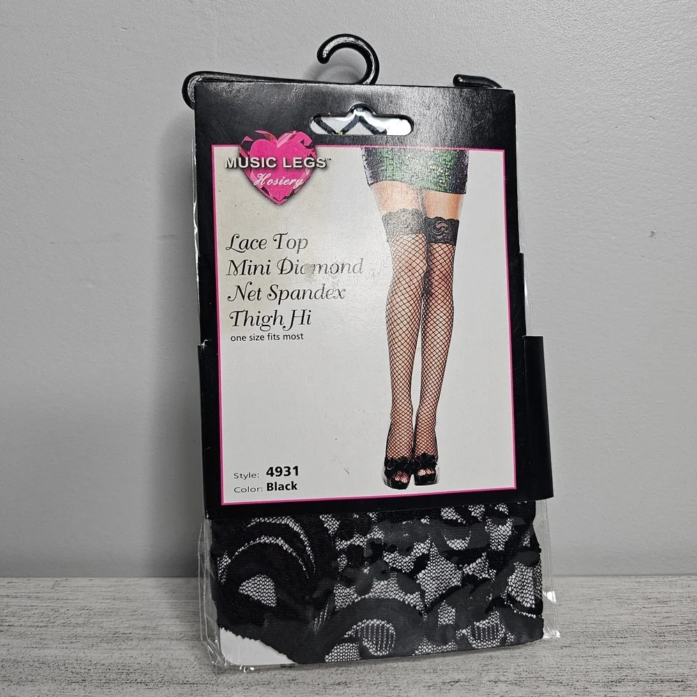 MUSIC LEGS‎ Black Lace Top Diamond Net Thigh Hi Stockings #4931 - One Size